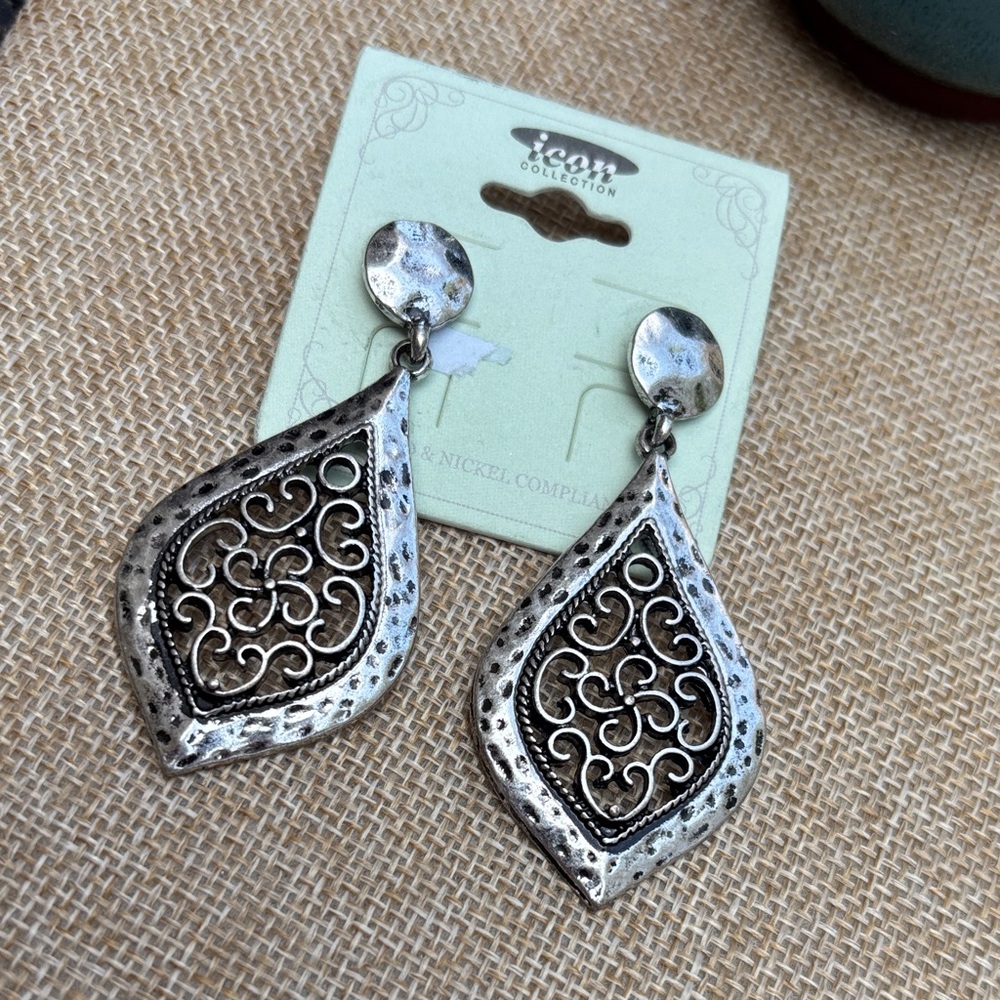 ICON Silver-Tone Filigree Teardrop Dangle Earrings